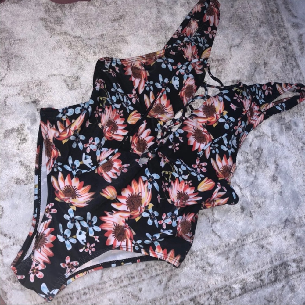 Lace up front one piece swimsuit